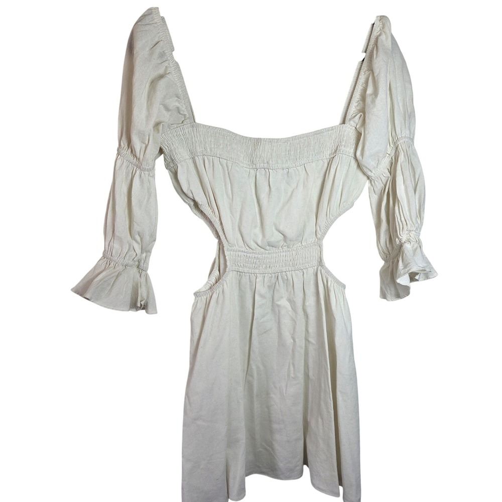 SABO White Linen Blend Cutout Mini Dress Puff Sleeve Milkmaid Size M US 6